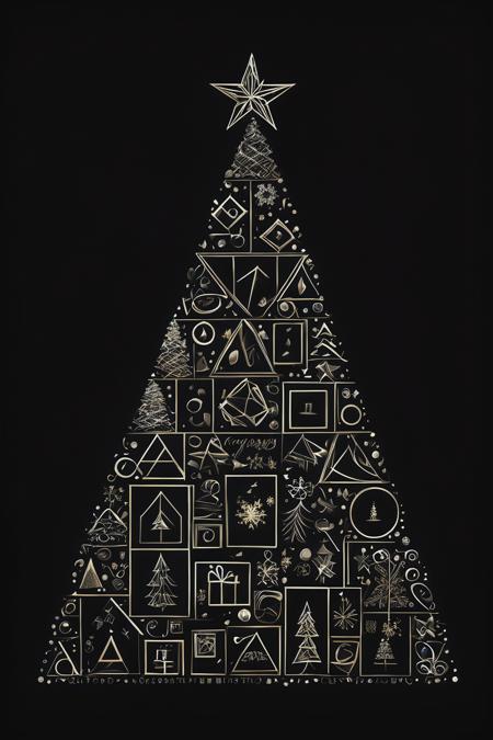 create a visually striking image of a (christmas tree) made of different geometric shapes like square,  circle,  triangle etc,  black background,  extremely high detailed,  superior high quality