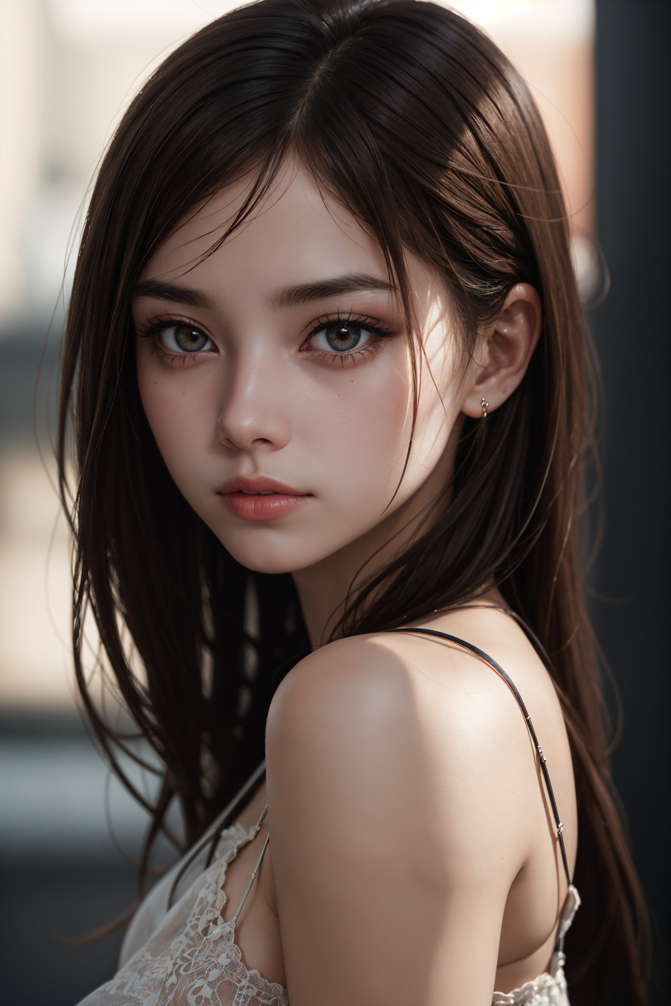 raw photo, photorealistic, 8k, masterpiece, a young woman, cute, brown hair, brown eyes, looking at viewer, pale skin, exp...