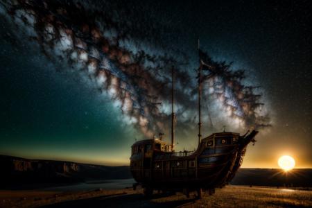 (absurdres, highres, ultra detailed), realistic style, 8k, exposure blend, medium shot, bokeh, high contrast,  low saturation,  3d render, cgi, symetrical, octane render, 35mm,  
 detailed background, milky way, nebula, moon, sun,  silver star constellations in background, backlighting,  ethereal atmosphere, extremely detailed CG unity 8k wallpaper, intricate details, (style-swirlmagic:1.0),   detailed background, close up,  detailed face, (gothic dark ages theme:1.1),  floating in the air, glowing magical shards, surrounded by blue magical crystals,  rock formations, stalactites,  magical floating particles, crystal glass,  crystal sphere, crystal canyon background, (shallow water:0.7),  epic ethereal atmosphere,   updraft, flying ship
