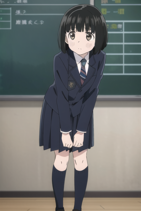 (masterpiece) , short hair, black hair, brown eyes, blunt bangs, small breasts, {school uniform} , {school} , cute pose,