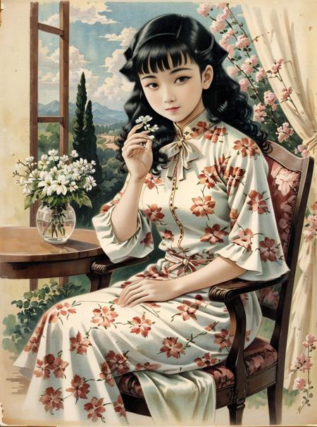 (masterpiece,best quality),vintage poster,
1girl,holding flower, floral print, traditional media, bangs, sitting, chair, looking at viewer, (beautiful detailed face), (beautiful detailed eyes), <lora:rugu_v3:1>