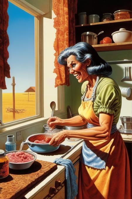 <lora:Richard Corben Style:1> Richard Corben Style , A highly detailed mother in her kitchen preparing meal, window sunny day, happy, smiling,