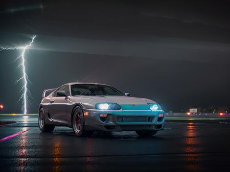 photo of VAL1 mk4Supra VAL2 during a lightning storm, high quality photo, lens flare, bokeh, 8k resolution, gobo lights, warm ambient light, volumetric light, neon lights, depth of field, analog, foggy atmosphere,  <lora:Mk4Supra-000001:.8>,  <lora:analogdiffusion_Lora300:.2>