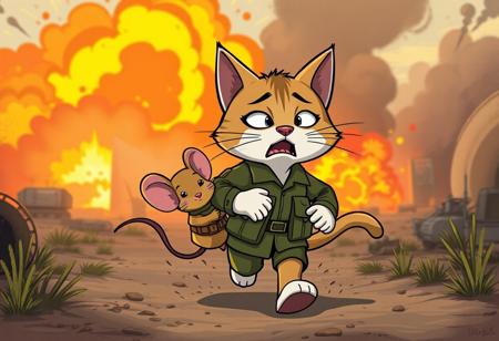 cartoon style, a cat with army uniform running carryng a fainted mouse with army uniform from a battlefield with multiple colors colorful explosions with a worried funny face, dust color, color smoke