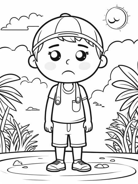Character Experience Discomfort Due To Heat, Sweating, Dehydration, Fatigue, Sunburn, Heat Exhaustion And Heatstroke During Hot Weather Conditions. Cartoon  Illustration, Vector coloring book page style, clean and crisp lines, on solid white background, scalable and editable artwork, suitable for printing and digital coloring, promotes creativity and relaxation, black and white, contrast, profesional, minimalist