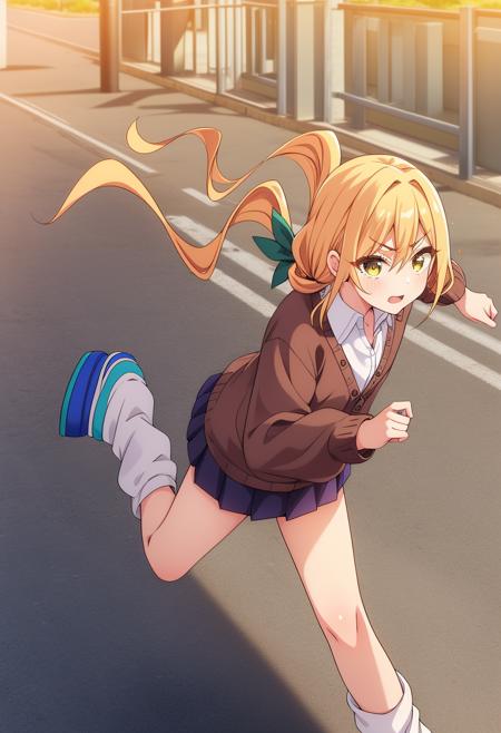 <lora:KaraneIndaV1:0.6>,KaraneInda,1girl,solo,v-shaped eyebrows,low twintails,long hair,blonde hair,orange hair,bangs,green hair bow ribbon,hair between eyes,yellow eyes,
collarbone,wing collar,open collar,collared shirt,white dress shirt,brown cardigan sweater,buttons,puffy long sleeves,purple pleated miniskirt,white loose socks,
blue footwear,slippers,outdoors,clenched hands,<lora:add_detail:0.3>,<lora:è°æ´colorful_V1_lbw:0.3>,, Exquisite visuals, high-definition,masterpiece,best quality,Exquisite visuals,high-definition,masterpiece,best quality,18yo,Young female,Beautiful Fingers,Beautiful long legs,Beautiful body,Beautiful character design,