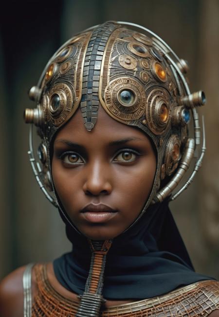 35mm photo by Steve McCurry, futuristic future setting, stunning Tanzanian woman, ultra-detailed skin, detailed eyes with intricate pupils, advanced futuristic clothing, intense and captivating expression, top-quality resolution