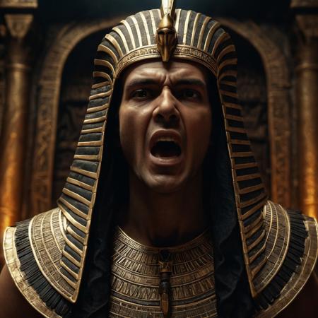 old testament pharaoh of egypt, 
looking down, 
screaming, 
angry, 
perfect composition, 
beautiful detailed intricate insanely detailed octane render trending on artstation, 
8 k artistic photography, 
photorealistic concept art, 
soft natural volumetric cinematic perfect light, 
chiaroscuro, 
award - winning photograph, 
masterpiece, 
oil on canvas, 
raphael, 
caravaggio, 
greg rutkowski, 
beeple, 
beksinski, 
giger