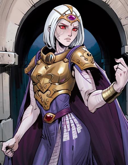 a woman,cassiart,pale colored skin,arms at sides,red eyes,((oil painting)),raised fists,purple dress,armor,cape,in tunnel,((flat colors,pen and ink,comic strip style)), <lora:CassiaXL:0.85>