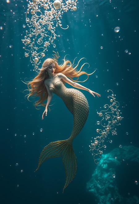 Mystical ethereal siren mermaid swimming deep in the oceans abys surrounded by elements of gold silver and (iridescent) colors. Beneath her are small diamonds and pearls captivating masterpiece whimsical depth