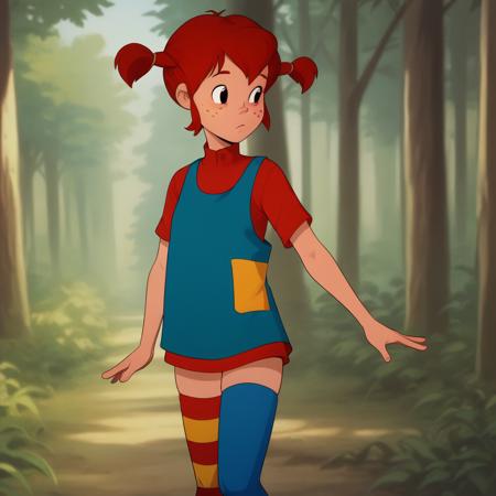 Pippi, 1girl, solo, red hair, short twintails, black eyes, freckles,  red dress, blue dress overalls, thighhighs,  mismatched legwear, multicolored legwear, asymmetrical legwear