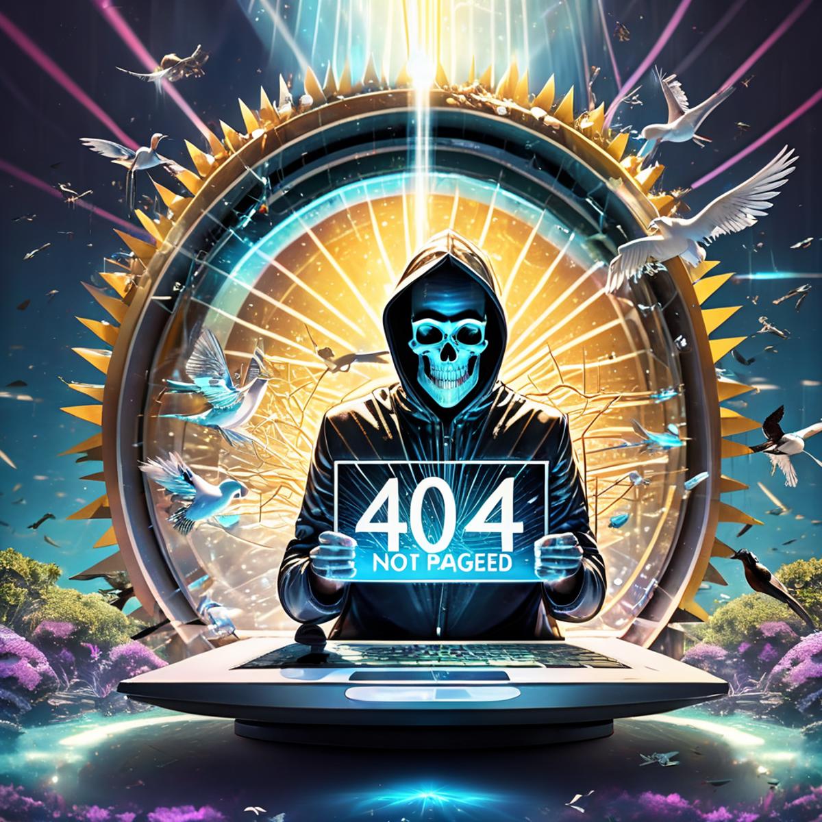A 404 error image featuring a person in a hoodie holding a sign with a skull and crossbones.