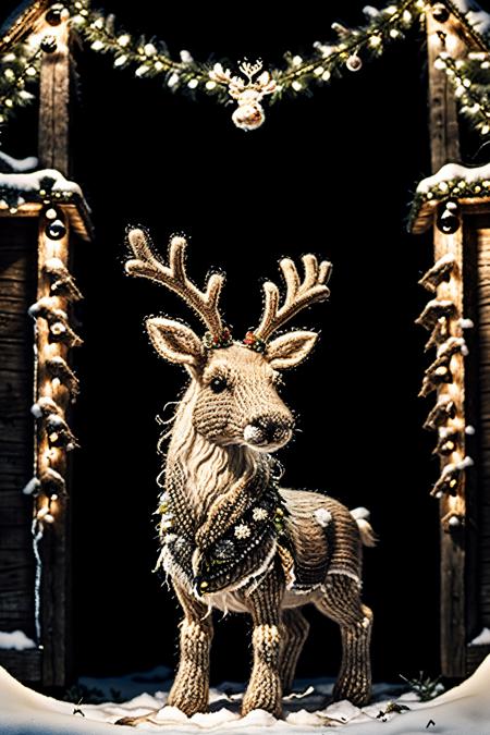 reindeer wearing a zwuul sweater, standing in front of a cabine in the woods decorated with christmas ornaments, snow, at night <lora:ral-zwuul-sd15:1>