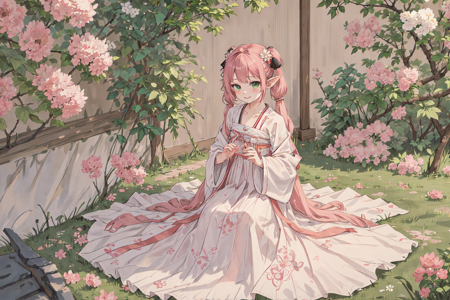 masterpiece, best quality, 1girl, solo, [pink hair|two-tone hair|white hair], twintails, multicolored hair, white hair, pink hair, wavy hair, parted bangs, swept bangs, green eyes, tsurime, (pointy ears, wind:1.2), child, smile, blush, tree, plant, petals, flowers, plum blossoms, spring, BREAK chest po skirt, (pibo:1.2), waistband, multicolor,   <lora:hanfutang_v31:0.5>