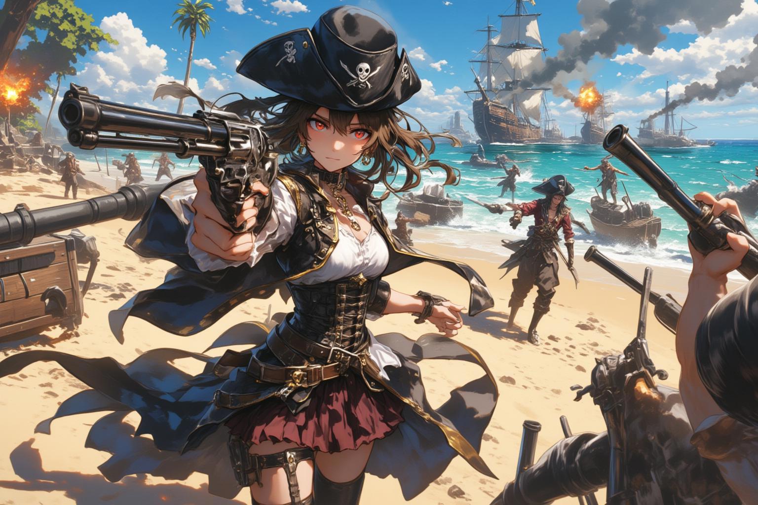 Anime style. Create a dynamic action scene set on a pirate-themed beach during a battle. A fierce, confident woman dressed in a pirate-style outfit, including a top hat, corset, and flowing skirt, points a revolver directly at the viewer. Her hair flows in the wind as cannon smoke and explosions surround the area. In the background, large wooden ships are docked by the sea, and other pirates, some armed, are engaged in battle. The scene is vibrant with rich details of the ocean, sand, and chaotic action.<lora:775665046626888299:0>