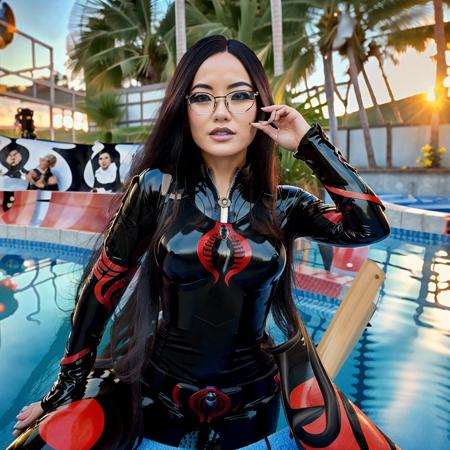 1girl, ((masterpiece)), realistic, ((highly detailed:1.3)), baroness, full body,,black hair, highlights, asian, long hair blonde streaks, art by jlee ,thin lips <hypernet:jeannaiPotasticpJeannie_v10:0.8>,black latex, beautiful eyes, perfect hands, ((pool background)), outdoors , full body  pose, dynamic angle, <lora:Baroness_MK1:1>,thin glasses,