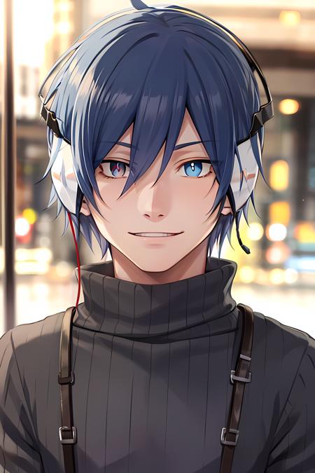 masterpiece, (best quality), 1man,1boy, mcsmtds, blue hair, blue eyes, glowing heterochromia red eye,male focus,  headphones, shirt, sweater,    (masculine), turtleneck, upper body,   evil grin,  adult,  vibrant colors ,natural lighting  ,RTX,  handsome, (detailed face:1.2), showcase, (photorealistic:1.1),  (perfect eyes:1.1) , (perfect pupils),  8k uhd,  looking at viewer,  outdoors,  simple backround,