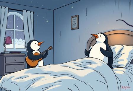 a comic book style illustration of two little boy penguins playing a concert in their parents bedroom while their dad tries to sleep