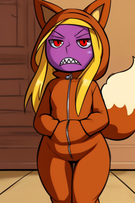 JennyFox, sharp teeth, red eyes, purple skin, colored skin, blonde hair, onesie, fox tail, fox ears, pointy nose, long hair, hood, slit pupils