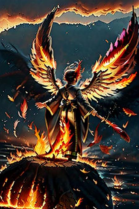 A woman stood on the lava in an ornate robe, gray sky,sky is covered with burning embers,highestres, landing, (wings, floating hair,big fire wings, fire feathers:1.5), <lora:EmberWhisper:0.9>