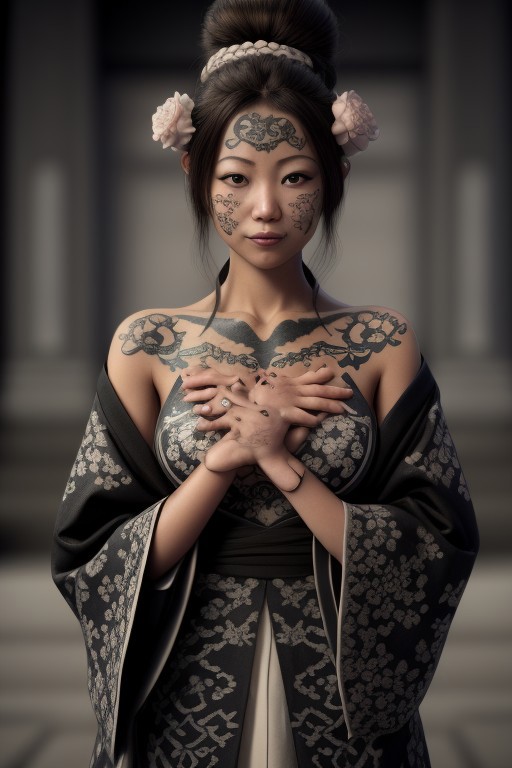 OverallDetail, intricatedetails, tattoo, irezumi, A Japanese woman in a black kimono. She is happy and shamelessly shows off face tattoos,  In the background, a grave yard. The background color is grey hues only