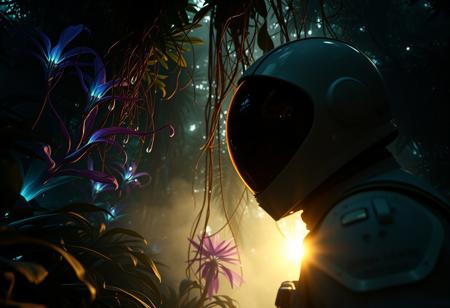Cinematic shot, astronaut exploring an alien jungle, dense foliage towers overhead, exotic plants with glowing bio-luminescent tendrils, vibrant purple and blue leaves, soft mist, futuristic space suit, helmet with gold visor, helmet visor reflects the strange environment, backlit by the morning sun, gentle rays filter through, creating a soft glow, dramatic camera angle, shallow depth of field, 8K, UHD, dslr, film grain, intricate details, hyperrealistic.