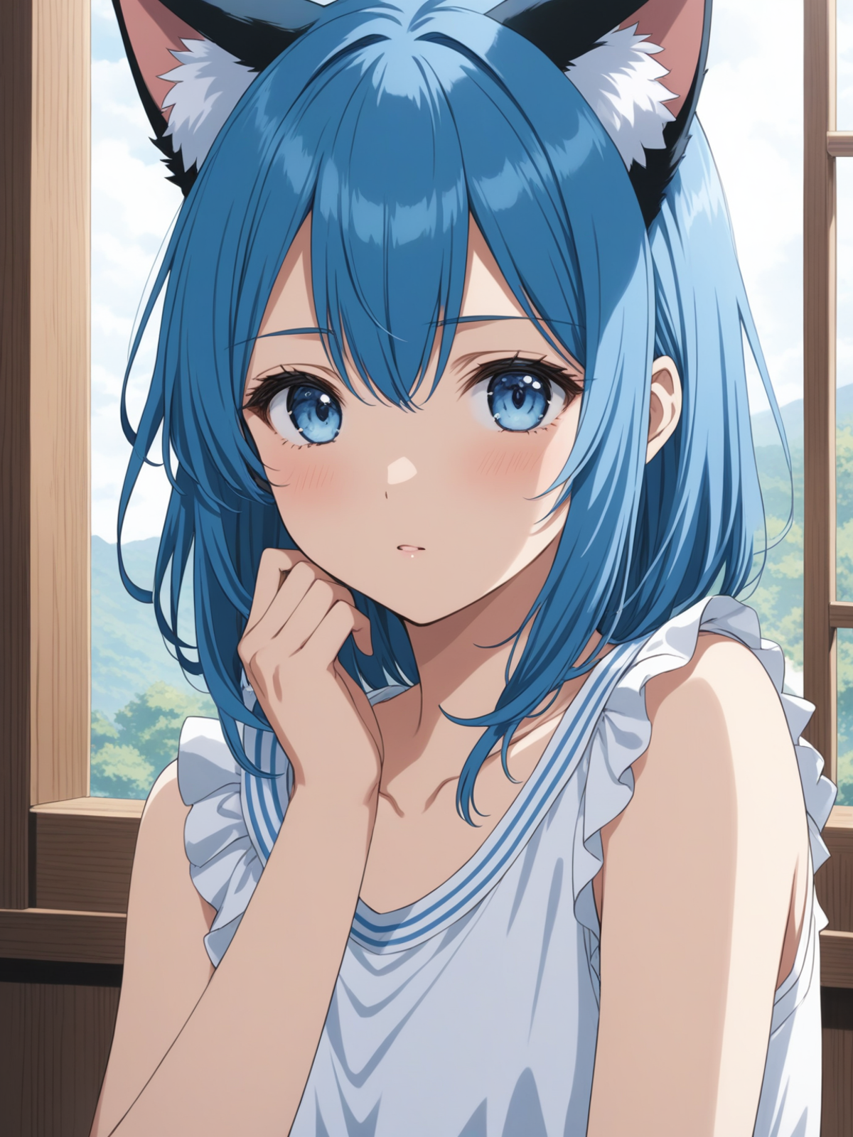A blue-haired girl with blue eyes wearing a white and blue dress.