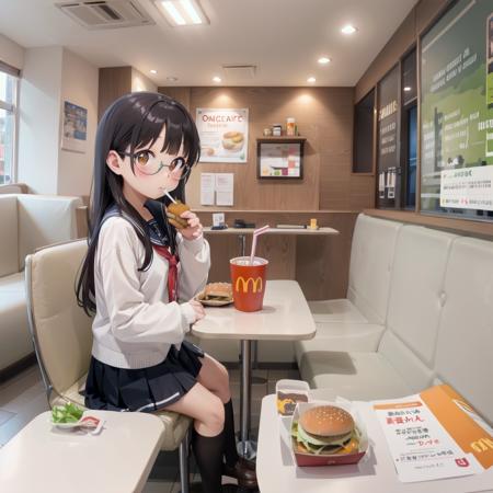 best quality, ultra-detailed, illustration,
makudo, indoors, scenery, poster (object), chair, ceiling light, window, ceiling, table, blinds, 
food, food focus, cup, burger, french fries, disposable cup, still life, cheese, drinking straw, bread, drink, tray, table, chair, 
1girl, glasses, black hair, long hair, brown eyes, school uniform, school bag, blush, looking at viewer, sitting,
<lora:McDonald_JP_indoors_SD15_V2:0.8>