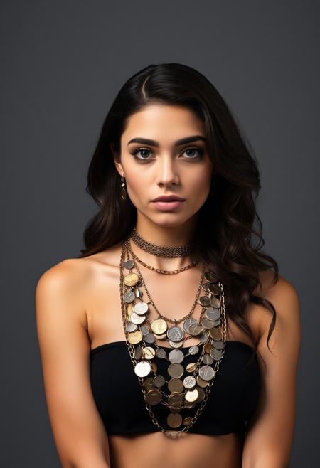 symmetrical front view, front view, beautiful woman with her left bare shoulder covered with jewelry made with coins and chains, grey background studio