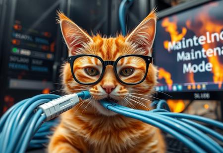 orange striped tabby wearing nerdy glasses, chewing fiber optic cable, breaking fiber optic cables, background: server room catching fire, computer screen displays the words "Maintenance Mode" in technical font