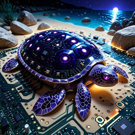 lazympos, depth of field, hyperrealistic, masterpiece, intrincate details, TzigoCBS,
a purple (turtle made of circuit boards:1.2) swimming underwater, (night:1.5), sand bottom, rocks, (underwater scenery:1.5),
BREAK
(glowing purple eyes·glyph patterned skin:1.5)