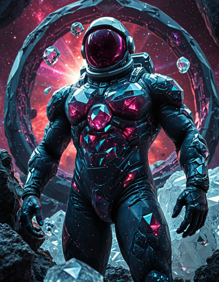 <lora:SoulGemmed:1> rp_slgd,  detailed crystal world background, depth of field, male focus, (Astronaut wearing a  tight futuristic bodysuit),  (muscular, large pectorals, hyper pecs), oxygen mask, exploring, on a wild alien planet covered with crystals and gems and shards, scifi alien portal in the sky, outdoors,  wireframed rocks,  cinematic epic sky with stars and nebulas,  dynamic pose, dynamic angle,floating particles, light particles, under Tyndall light effect, lens flare, Light caustics,  dense light rays