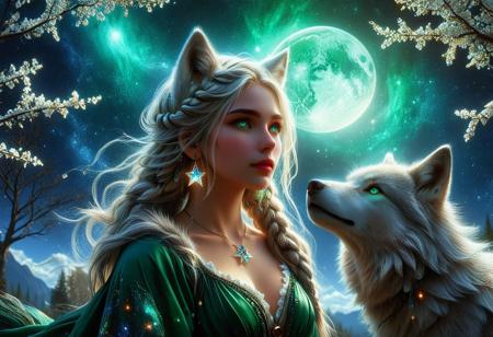 1girl, wolf, tree, star \(sky\), braid, animal ears, earrings, long hair, jewelry, breasts, cleavage cutout, starry sky, white hair, green dress, dress, sky, animal, looking at viewer, cleavage, fur trim, long sleeves, planet, green eyes, outdoors, clothing cutout, cloak, wide sleeves, space, hair between eyes, parted lips, side braid,
(beautiful, painterly, detailed, textural, artistic, aesthetic, masterpiece, best quality), ((intricate details, highly detailed, ultra-detailed, absurdres, unreal engine, octane rendering, high contrast, vivid, vibrant, volumetric lighting)), 
midjourneyv6.1, ais-particlez, made of cd's