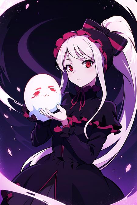 absurdres, highres, ultra detailed, <lora:ShalltearV3333-000023:0.7> shalltear, gray hair, red eyes, bonnet, hair bow, ponytail, black dress, long sleeves, red frills, looking at viewer, otherworldly hues, surreal landscapes, unseen light, ethereal glow, vibrant colors, ghostly effect, blood