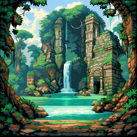 apxlz style, a majestic waterfall hidden deep in a jungle with ancient ruins