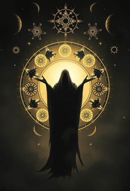 The Oracle’s Vision ,  a veiled figure surrounded by glowing celestial symbols, fragmented black-and-white silhouettes forming a cryptic prophecy, soft golden light illuminating intricate patterns in the air
Symbolist art, surreal allegory, melancholic atmosphere, dreamlike figures, mythological elements, minimalist abstraction, bold geometric shapes, high contrast, eerie yet graphic composition, delicate rendering with modernist simplicity, intricate yet stylized storytelling