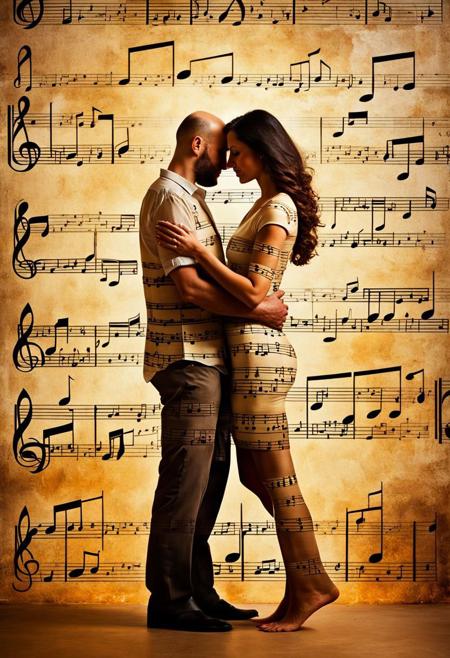 Darkened silhouette of a bald man and a woman with dark long hair, made out of music notes, their bodies blending in a hug of {Chopen's sheet notes}. This exquisite image, akin to a mesmerizing painting, captures the couple's love and tender connection amidst Jaffa Tel aviv scenario. Artistic magical fantasy touch, special magic colors and lighting effects.