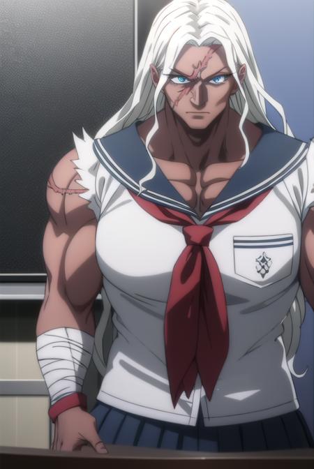 sakuraoogami, <lora:sakura oogami s1-lora-nochekaiser:1>,
sakura oogami, long hair, white hair, dark skin, dark-skinned female, muscular, scar, muscular female,
BREAK shirt, school uniform, serafuku, sailor collar, bandages, blue sailor collar, bandaged arm,
BREAK indoors, classroom,
BREAK looking at viewer, (cowboy shot:1.5),
BREAK <lyco:GoodHands-beta2:1>, (masterpiece:1.2), best quality, high resolution, unity 8k wallpaper, (illustration:0.8), (beautiful detailed eyes:1.6), extremely detailed face, perfect lighting, extremely detailed CG, (perfect hands, perfect anatomy),