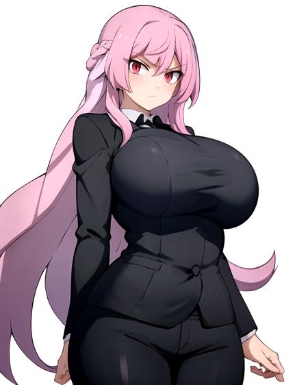 Long hair,  pink hair,  red eyes,  black suit,  black pants,  formal suit,  large breasts,  1girl,  serious,  (white background:1.3),  cowboy shot,  solo, <lora:EMS-43683-EMS:0.700000>