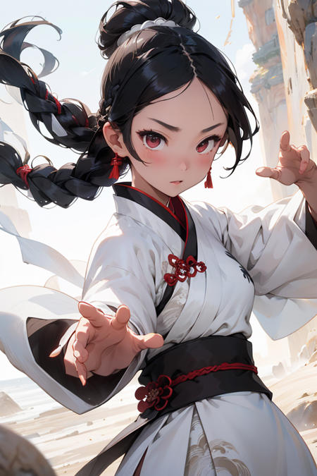 Masterpiece, 1girl, close up, wear white hanfu, Chinese Traditional cloth, long black hair, hair braid, white background, storm, rock and sand effect, ink painting style, dynamic pose, battle pose, open hand, good hand
