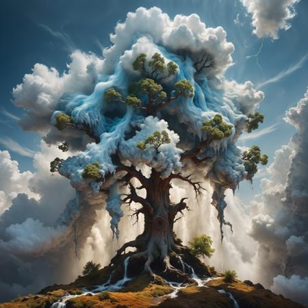 clouds, fluffy gnarly magical tree made out of clouds with static electricity charge,a perfect photography by Andree Wallin,Mark Mann,Marc Simonetti,Albrecht Dürer,wlop,Jeremy Geddes,vibrant colors,intricate artwork masterpiece,impressive,stunning,beautiful,cloudy,fluffy heavenly scenery,amazing depth,hyperdetailed,artistic,nanopunk,surreal waterfall,electric,surreal photorealism,<lora:xl_more_art-full_v1:0.92>,