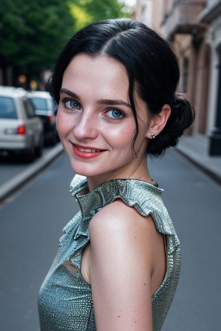 a beautiful woman, age 28, Spanish, black hair, cute smile, red skater dress, high heels wedges,no bra,  
((wide shot)),  (full body shot),  (establishing shot),  analog photograph,  professional fashion photoshoot,  hyperrealistic,  masterpiece,  trending on artstation, krrrsty, Extremely Realistic, art by sargent, PORTRAIT PHOTO, 
Aligned eyes,  Iridescent Eyes,  (blush,  eye_wrinkles:0.6),  (goosebumps:0.5),  subsurface scattering,  ((skin pores)),  (detailed skin texture),  (( textured skin)),  realistic dull (skin noise),  visible skin detail,  skin fuzz,  dry skin,  hyperdetailed face,  sharp picture,  sharp detailed,  (((analog grainy photo vintage))),  Rembrandt lighting,  ultra focus,  illuminated face,  detailed face,  8k resolution,  blurry Spanish village background, masterpiece, professional photography, very detailed, ultra realistic,