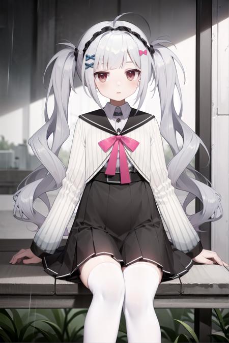 (masterpiece, best quality), 1girl, solo, bus stop, raining,
koxia skirt, (white shirt), black skirt, twintails, hairband, (white thighhighs), sitting