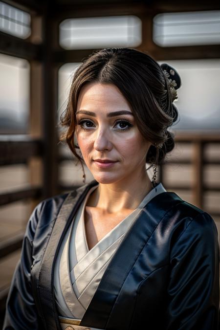 <lora:Suranne_Jones:1> masterpiece, best quality, detailed face, a mature s1873j, 1girl, solo, geisha costume ,  military base , dusk