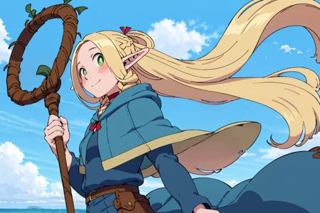 Marcille_Donato_DungeonMeshi,  1girl, solo, blonde hair, long hair, twin braids, elf, pointy ears, green eyes, red choker, blue capelet, 