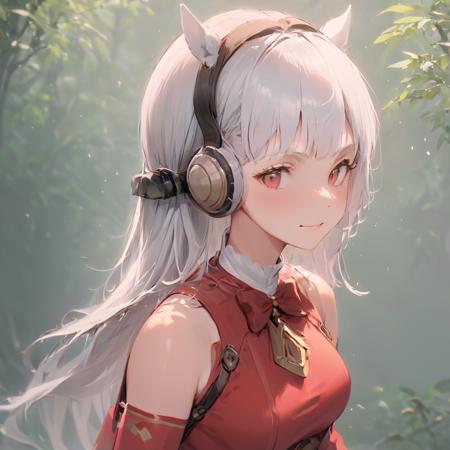 masterpiece, 8k wallpaper, masterpiece, 1girl, GoldShip, <lora:GoldShip>, white lon hair, smile, blush, red outfit, grass, full body, wearing headset,