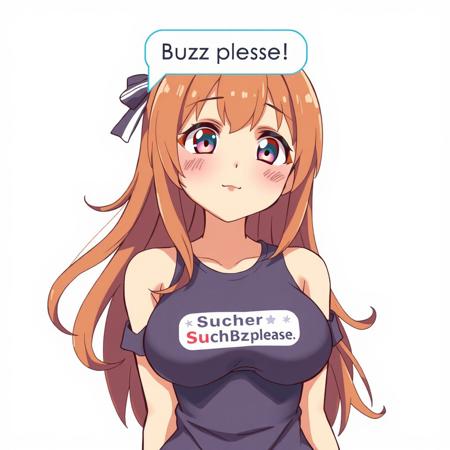 A cute anime girl with large breasts wearing a dress saying with SuchBuzzLogo on it. above her head is a chat box with text "Buzz please.""