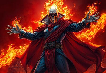 A comic series illustration of the King of the Skull Servants as a Ghost Rider persona. Dynamic action pose, arms outstretched, dramatic flowing red cape, contrasting blue and red attire, skull head. Dark red background, engulfed in fiery orange and yellow flames. Cinematic composition, dramatic atmospheric lighting, creative angle. 8K, hyperdetailed, trending on Artstation, CGSociety, Octane Render, Unreal Engine 5, Splash Ink style, Golden Ratio, impeccable composition.