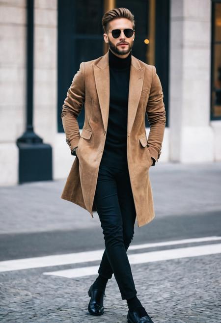 street style photo, full body, beautiful man, 30 years old,  Classic Fashion, luxurious outfit, jacket