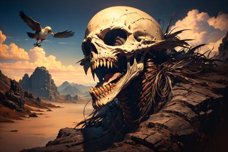 (Realistic:1.5) EdobHorrorLandscape , bird, signature, rock, skull, skull, male focus, cloud, knife, mountain, teeth, <lora:EdobHorrorLandscape_v1.0:0.8>